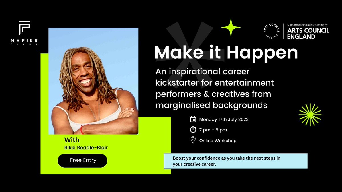 FilmsByNapier's tweet photo. We're running a series of workshops for creatives from underrepresented backgrounds. Our first is with @RikkiBB - he'll be working with you to unlock your creative energy and take control of your creative working life ✨ Free tickets available below! 

https://t.co/JJwYSH8PDY https://t.co/M3zlUuTQiw
