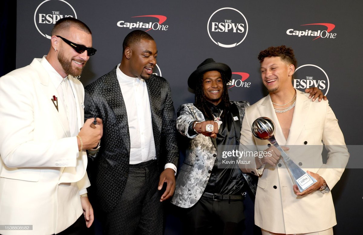 Travis Kelce, Chris Jones, Isiah Pacheco and Patrick Mahomes of the Kansas City Chiefs, winner of Best Team, attend The 2023 ESPY Awards at Dolby Theatre on July 12, 2023 in Hollywood, California #ESPYS https://t.co/HKv13nk2RN