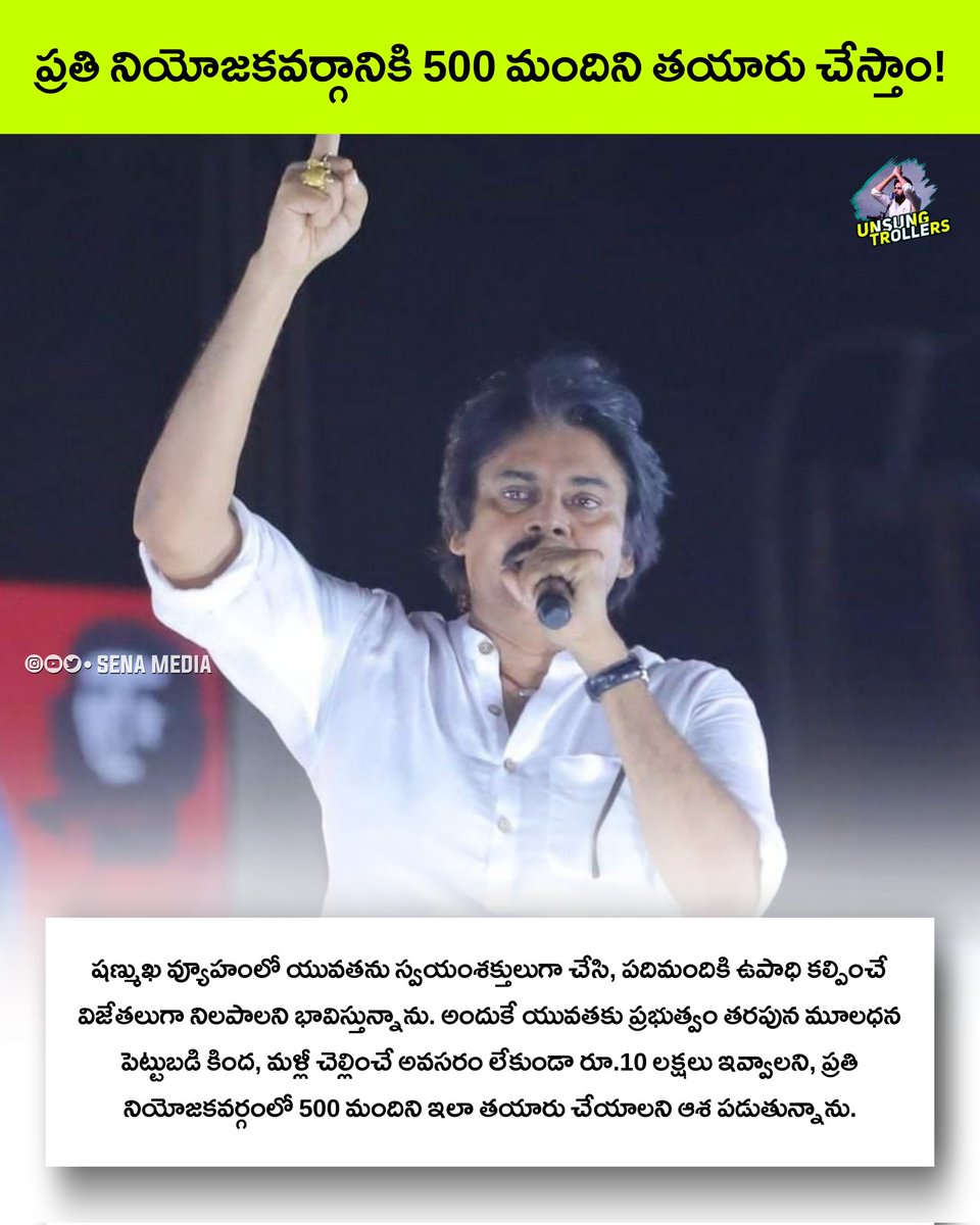 UnsungTrollers_'s tweet photo. షణ్ముఖ వ్యూహంలో యువతను స్వయంశక్తులుగా చేసి, పదిమందికి ఉపాధి కల్పించే విజేతలుగా నిలపాలని భావిస్తున్నాను. అందుకే యువతకు ప్రభుత్వం తరపున మూలధన పెట్టుబడి కింది, మళ్లీ చెల్లించే అవసరం లేకుండా రూ.10 లక్షలు ఇవ్వాలని, ప్రతి నియోజకవర్గంలో 500 మందిని ఇలా తయారు చేయాలని ఆశ పడుతున్నాను. https://t.co/zGmgQqZOsU