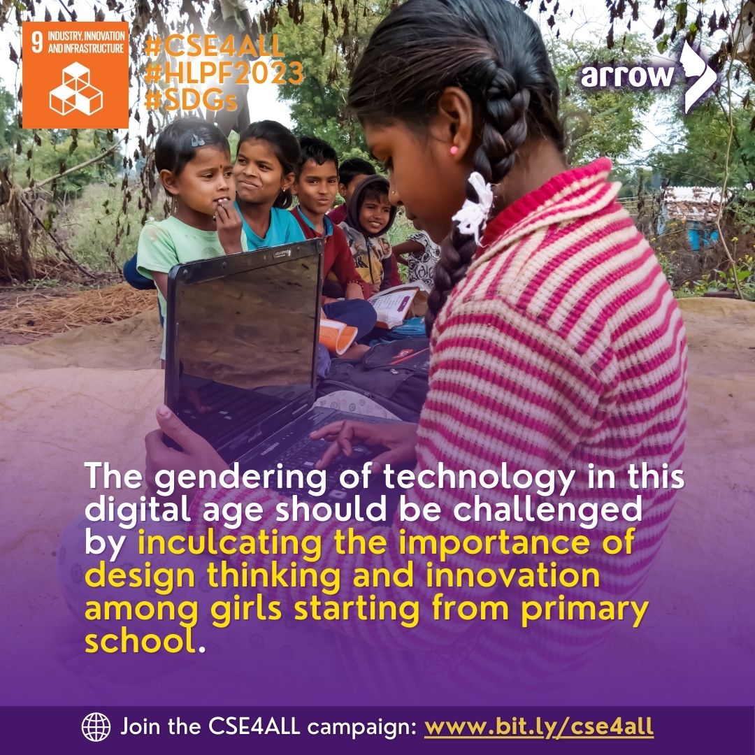 ARROW_Women's tweet photo. #CSE should be incorporated in schools to break the gender division of work &amp; promote gender equality. 
#SDG9 #HLPF2023 #CSE4ALL #SDGs https://t.co/acfKCSgmwi