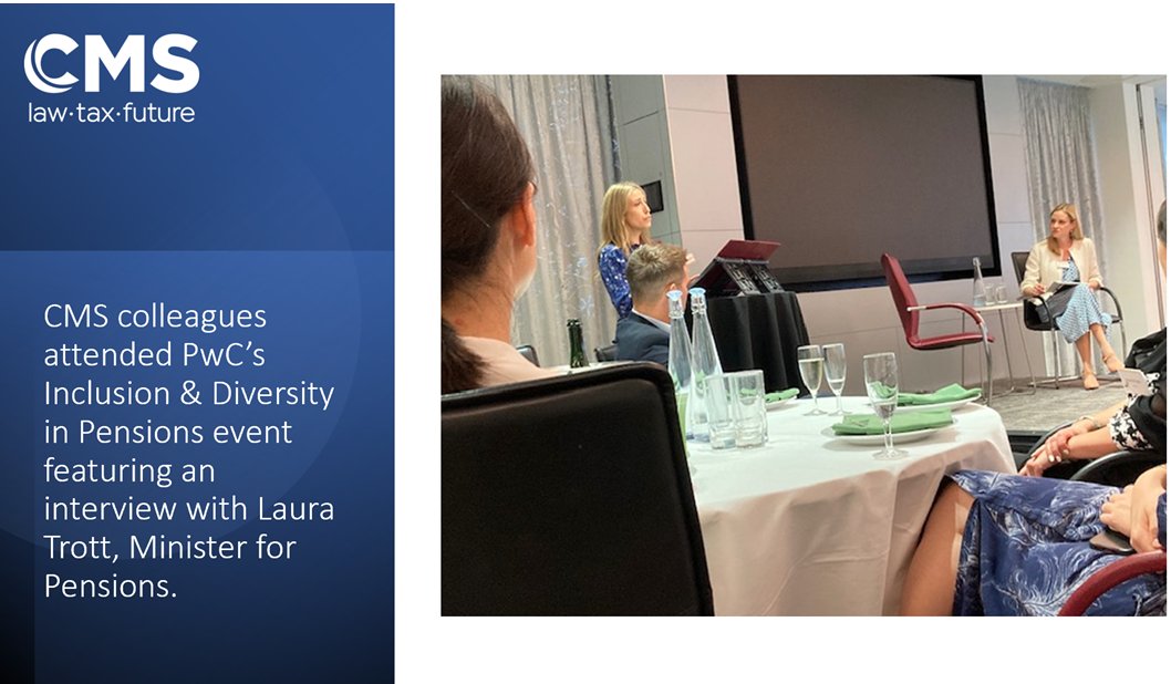 CMS_UK_Pensions's tweet photo. Yesterday, CMS colleagues attended @PwC_UK’s I&amp;D event, featuring an interview with Laura Trott MBE, MP, Minister for Pensions regarding I&amp;D initiatives and bringing about changes to the pensions industry #CMSPensions https://t.co/miqCxOJ3No
