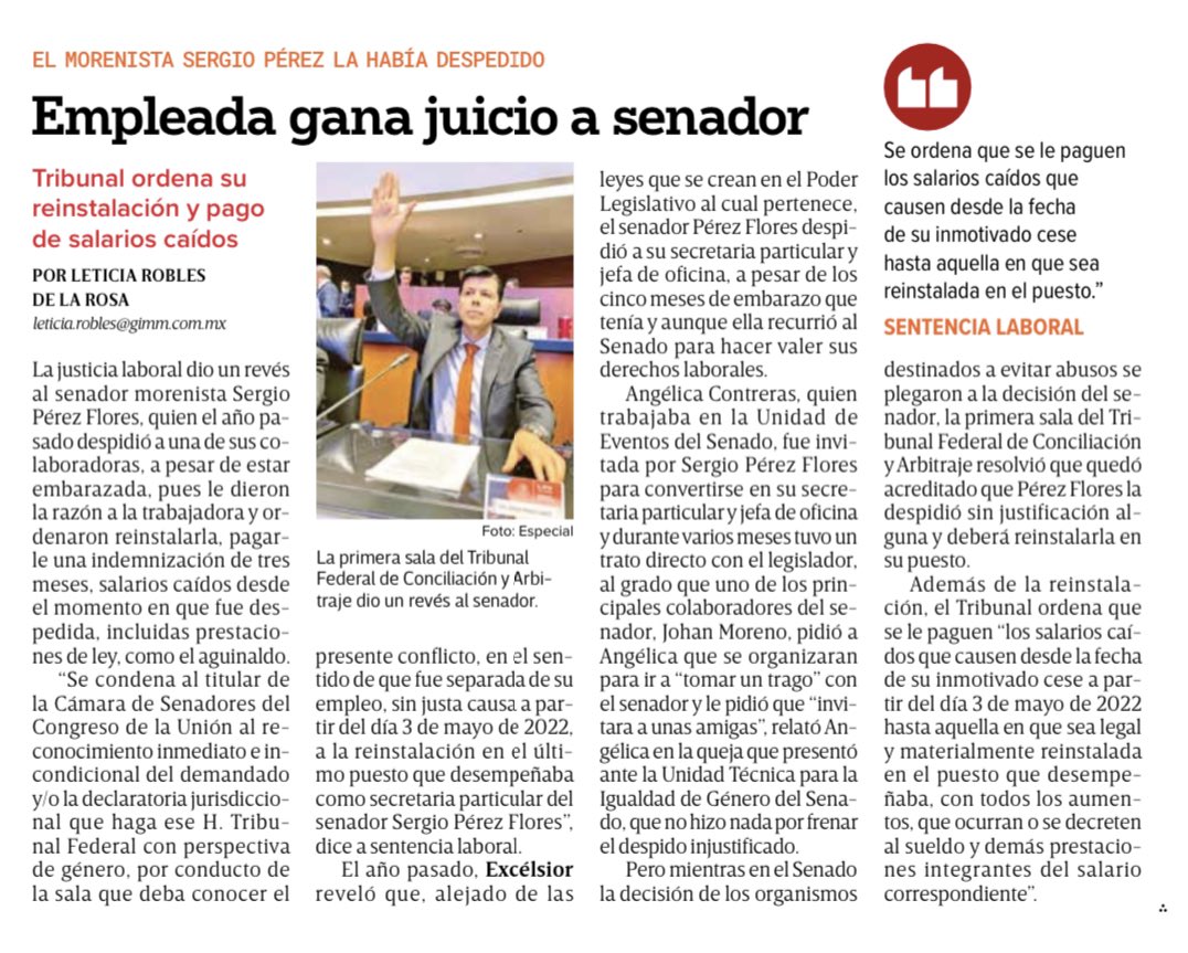 letroblesrosa's tweet photo. ‼️EXTRA‼️ Angélica le ganó al senador morenista Sergio Pérez Flores, porque la despidió durante su embarazo. El @senadomexicano deberá pagarle salarios caídos, prestaciones como aguinaldo y reinstalarla en su puesto.

El @TFCA_mx mostró al senador que la ley laboral sí es la ley. https://t.co/niSJObdQTW