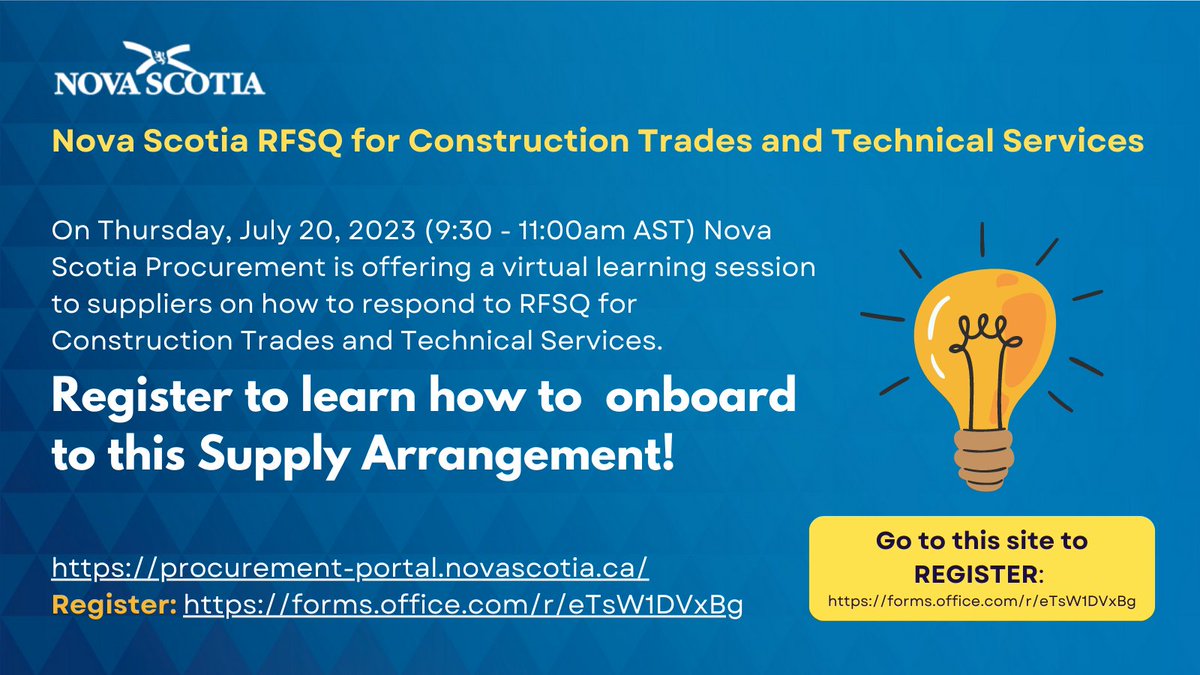 Join a Virtual Learning Session on Thursday, July 20, 2023 (9:30 - 11:00am AST) on how to respond to Request for Supplier Qualifications (RFSQ) for Construction Trades and Technical Services (Interim Call). Register here forms.office.com/r/eTsW1DVxBg to learn how to onboard.