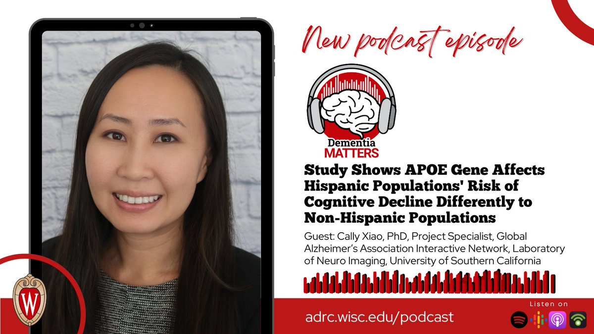 WisconsinADRC's tweet photo. In a new episode of #DementiaMatters, @scientificcally joins to discuss her study, which compared how APOE alleles affect risk of cognitive decline for Hispanic and non-Hispanic populations, as well as the importance of data-sharing in research. Listen 🎧 https://t.co/btVYfJnmbS https://t.co/vG9QAK1IIv