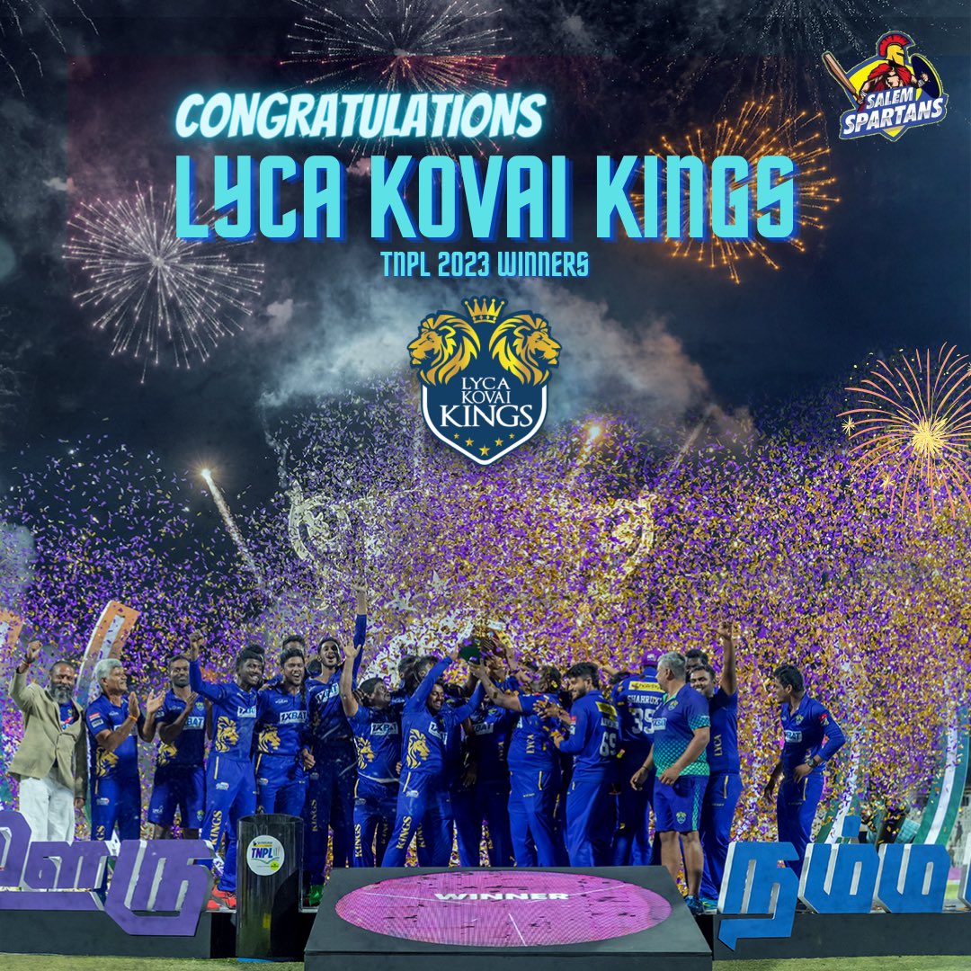 SpartansSalem's tweet photo. Congratulations to @lycakovaikings for winning the @tnpremierleague 2023, from team #salemspartans 💥🔥🥳!
#vanakkamdamapla
#lkk #lycakovaikings #tnpl #tnpl2023 #winners #tnplwinners #lycakovaikingswon #tnpl2023🏏 #tnpl2023final https://t.co/PvRuBZZauj
