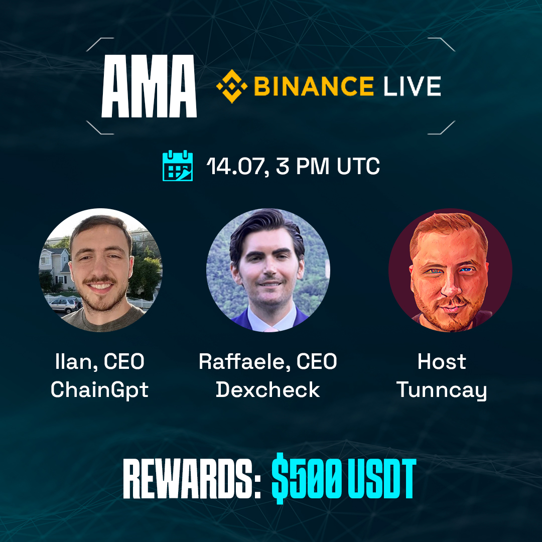 DexCheck_io's tweet image. 📣 AMA on Binance Live!

Join Raffaele, our CEO, and Ilan, CEO of @Chain_GPT, in an exciting AMA discussing DexCheck, the technology behind it, and the launch of $DCK!

Stand a chance to win $500 USDT 🎁

🎙️ Hosted by tuNNCay, #1 on Binance Live 👉 binance.com/it/live/u/2691…