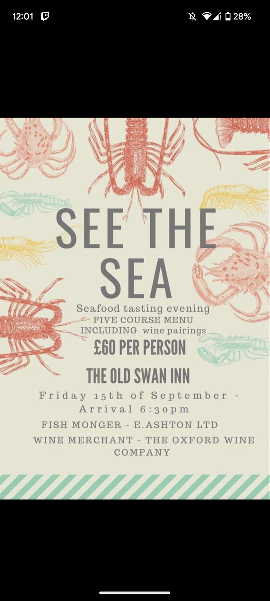 The Old Swan Inn (@swantheold) on Twitter photo Friday 15th of September. Seafood Tasting Evening. £60 per person.
To book call us at 01446 792230 or email us at swan@knifeandforkfood.co.uk
You don't want to miss out. 🍤🦐🦞 Friday 15th of September. Seafood Tasting Evening. £60 per person.
To book call us at 01446 792230 or email us at swan@knifeandforkfood.co.uk
You don't want to miss out. 🍤🦐🦞