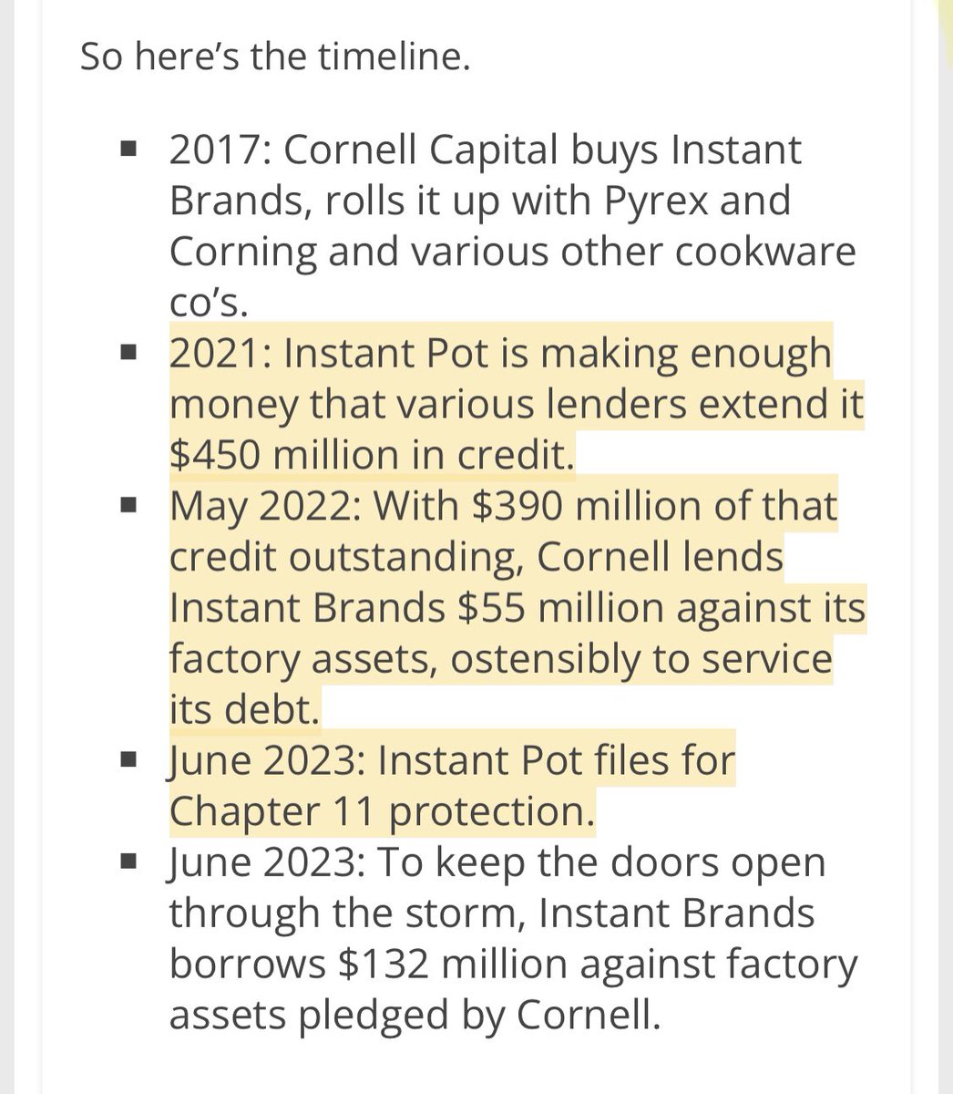 The bankruptcy of Instapot is being framed as the result of being “too well made” but the real story is far more sinister:

Capitalist leeches bought Insapot, took out $450 mil in loans that they used to pay dividends to themselves, and then went bust when loan payments came due.