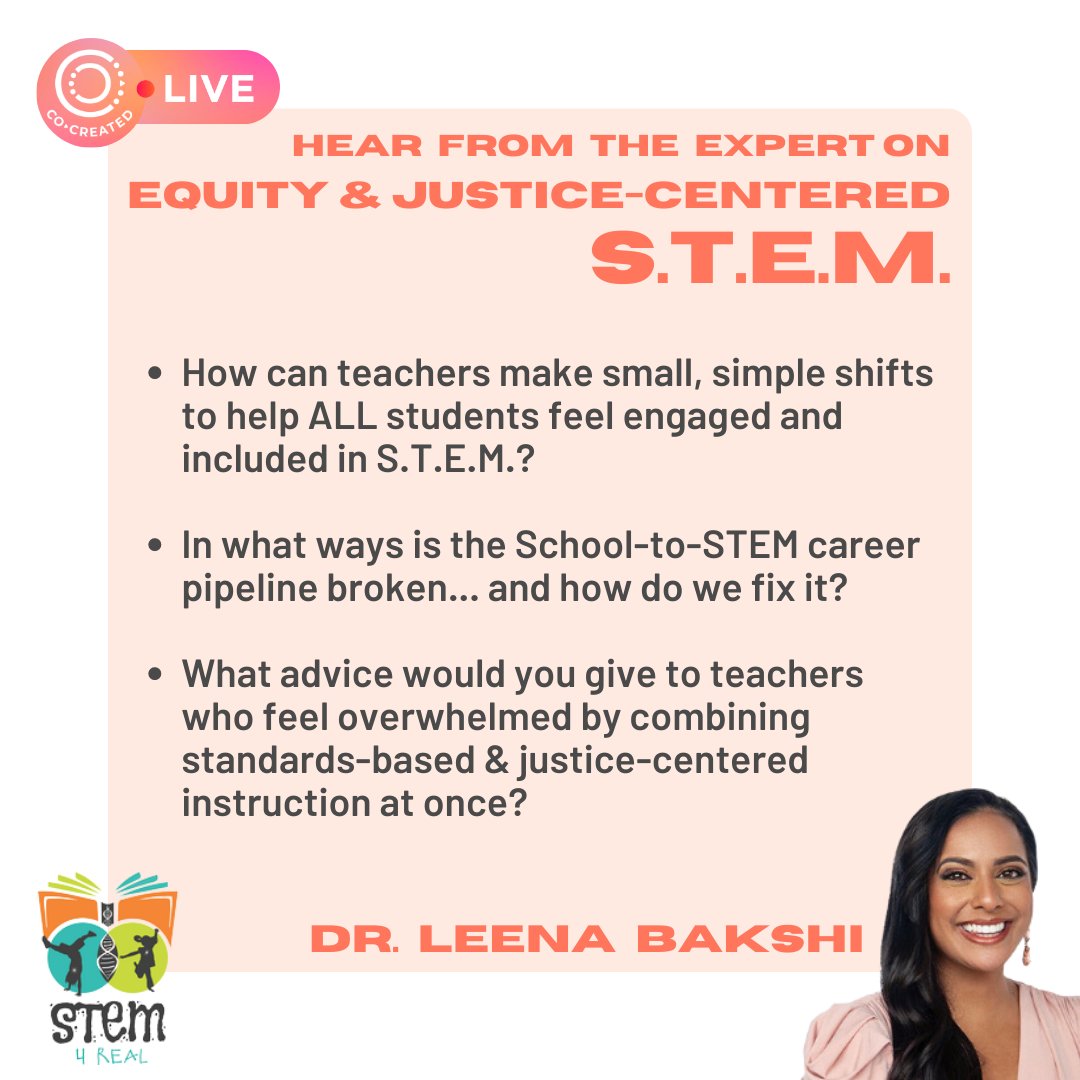 How can teachers make small, simple shifts to help ALL students feel engaged and included in S.T.E.M.?

In what ways is the School-to-STEM career pipeline broken and how do we fix it?

Tune in on Wednesday at 12 pm ET to get the answers LIVE from Dr. Leena Bakshi of <a href="/STEM4Real/">STEM4Real</a>!