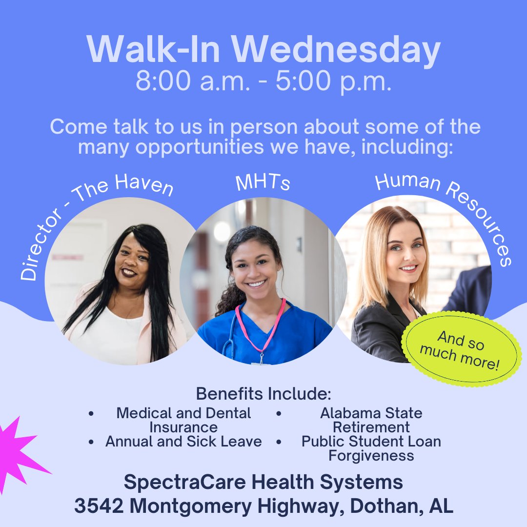 SpectraCare Health Systems are doing Walk-In Wednesdays! Go talk to them to find out what opportunities are available and what benefits they have! #SpectraCare #southeastalabamaworks