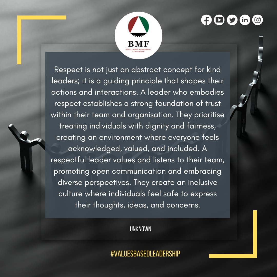 BMFNational's tweet photo. Managers and leaders can foster respect among employees by creating a positive work environment that values and promotes respectful behavior, open communication, and personal and professional growth.
#Respect #BMFValues #ValueBasedLeadership https://t.co/eW9NknV0Xp