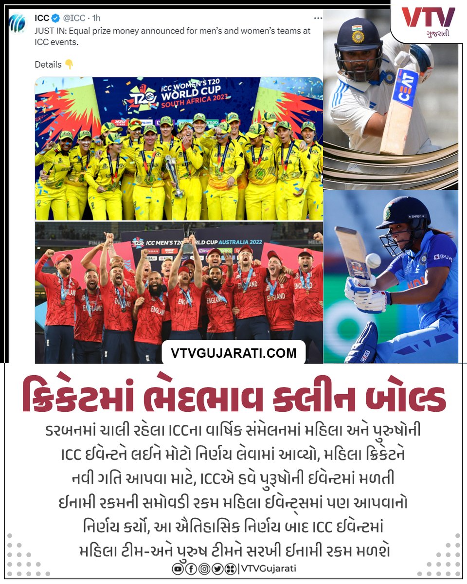 VtvGujarati's tweet photo. ક્રિકેટ જગતમાં ઐતિહાસિક નિર્ણય: મહિલા-પુરુષ વચ્ચેનો ભેદભાવ ક્લીન બોલ્ડ
#ICC #IndianCricketTeam #menteam #womenteam #vtvcard #vtvgujarati https://t.co/XmamjTFUgI