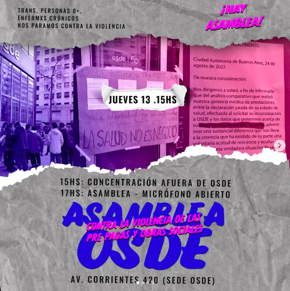 PresentesLatam's tweet photo. 🇦🇷📢🏳️‍⚧️Al menos tres personas travestis y trans fueron rechazadas por sus prepagas al momento de solicitar cirugías en el marco de la ley de identidad de género.

📢💥“Me dijo (Osde) que yo no había declarado mi ‘verdadero estado de salud’. Y que para mantenerme afiliada tenía que pagar un aumento de un 800%”, explicó Quimey Ramos. Como se negó a pagar el nuevo valor, la desafiliaron.

📲https://t.co/7WQAA5ZBqC
  📝Escribe: Agustina Ramos.