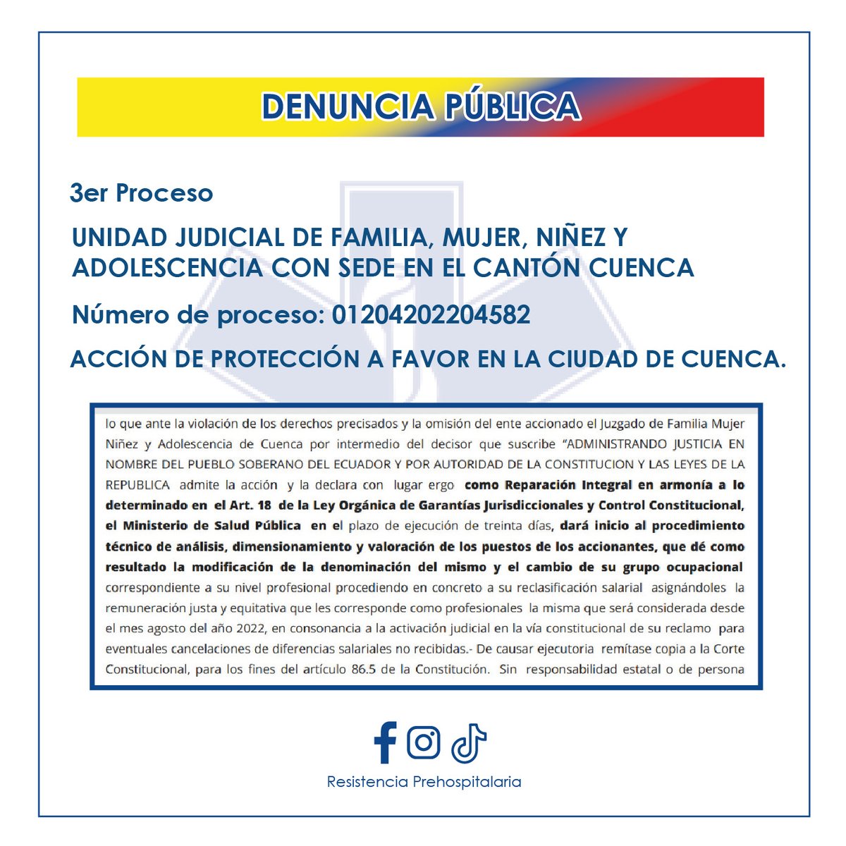 ResistenciaAPH's tweet photo. Denuncia Pública 🚨⚖
Los Paramédicos del Ecuador actualmente han recurrido a presentar varias acciones de protección, dónde en múltiples procesos se ha declarado la vulneración de derechos por medio de sentencias favorables.
@Salud_Ec @Presidencia_Ec @LaPosta_Ecu @ecuavisa https://t.co/nMGNsdW89y