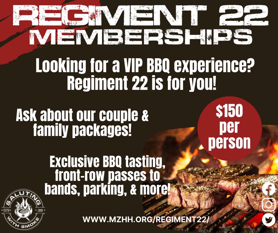 Get your VIP exclusive BBQ experience now! 

Get signed up: raceroster.com/events/2023/74…

Ask about our family and plus one pricing! 

*Presented by Plano Skies Solar Project

#salutingwithsmoke #Regiment22Memberships #bbq #vip