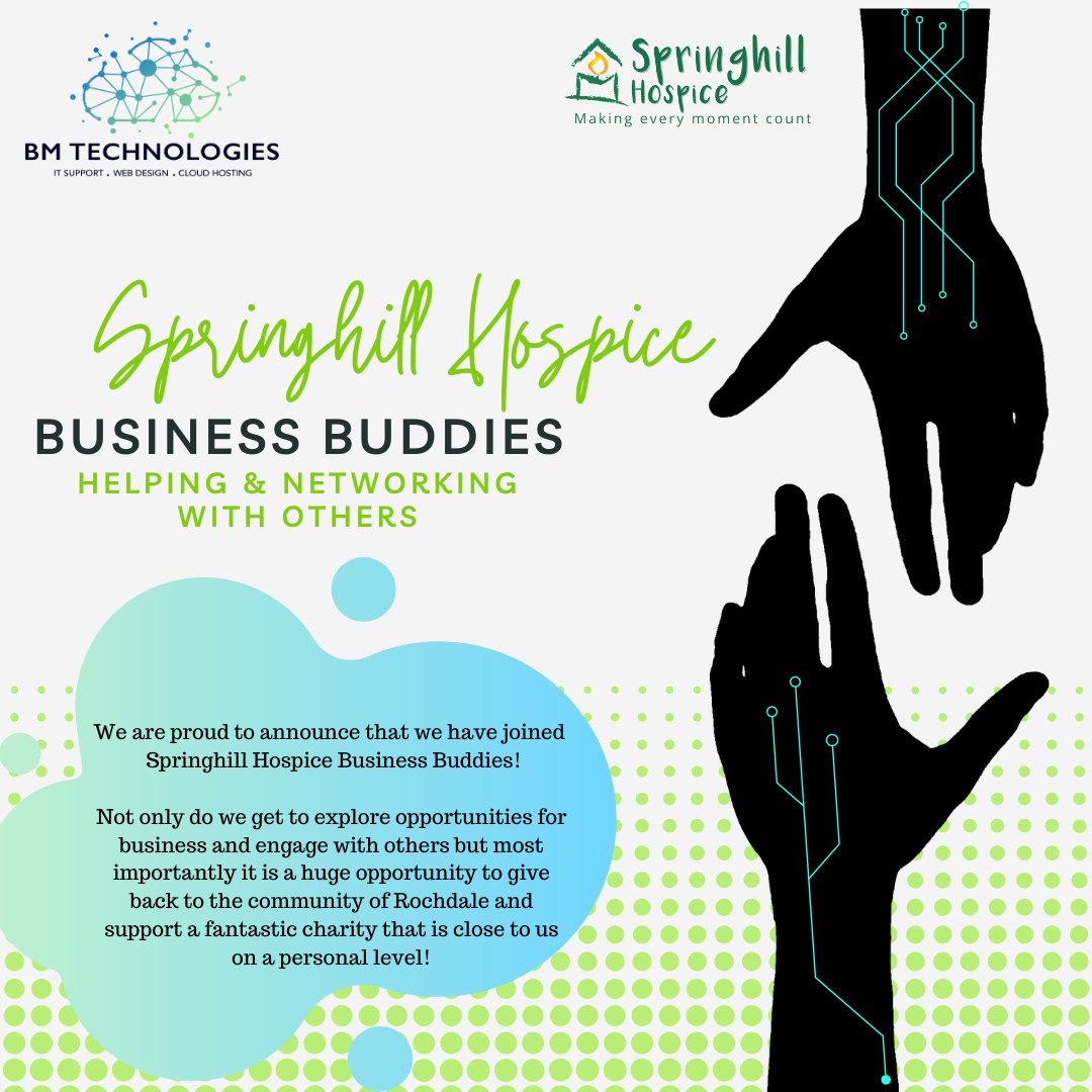 BMTechnologyIT's tweet photo. 🌟 Exciting News! 🤝 We've joined Spring Hill Hospice Business Buddies! 💙🏥 Together, we're supporting our local community and raising funds for this incredible cause. #CommunityMatters #BusinessBuddies #SupportingSpringHillHospice 💪💚 @SpringhillHosp https://t.co/UjsT4qVkVx