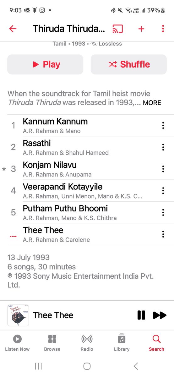 write2nana's tweet photo. What a coincidence.  this album was released on 13 July 199330 years of #thirudathiruda ..it still feels fresh ..  thanks @arrahman and Mani sir for this beautiful album and movie https://t.co/3ncVdRkEtC