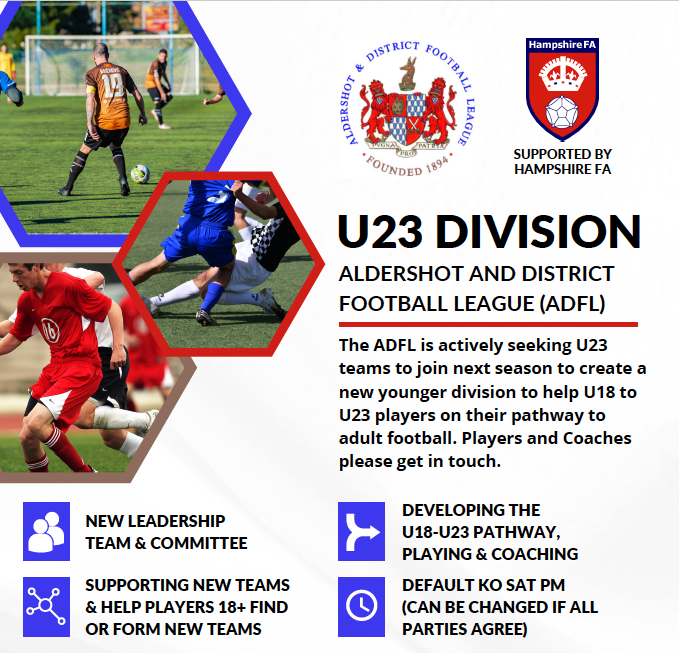 ADFLUK's tweet photo. Are you looking for a league to support you as a Club or Player for teams between U18 to U23? Let ADFL help you... email us u23@adfl.org.uk

#adultfootball #aldershot #hampshire #football #footballpathways #adfl #footballleague https://t.co/fb0qQHyyNk