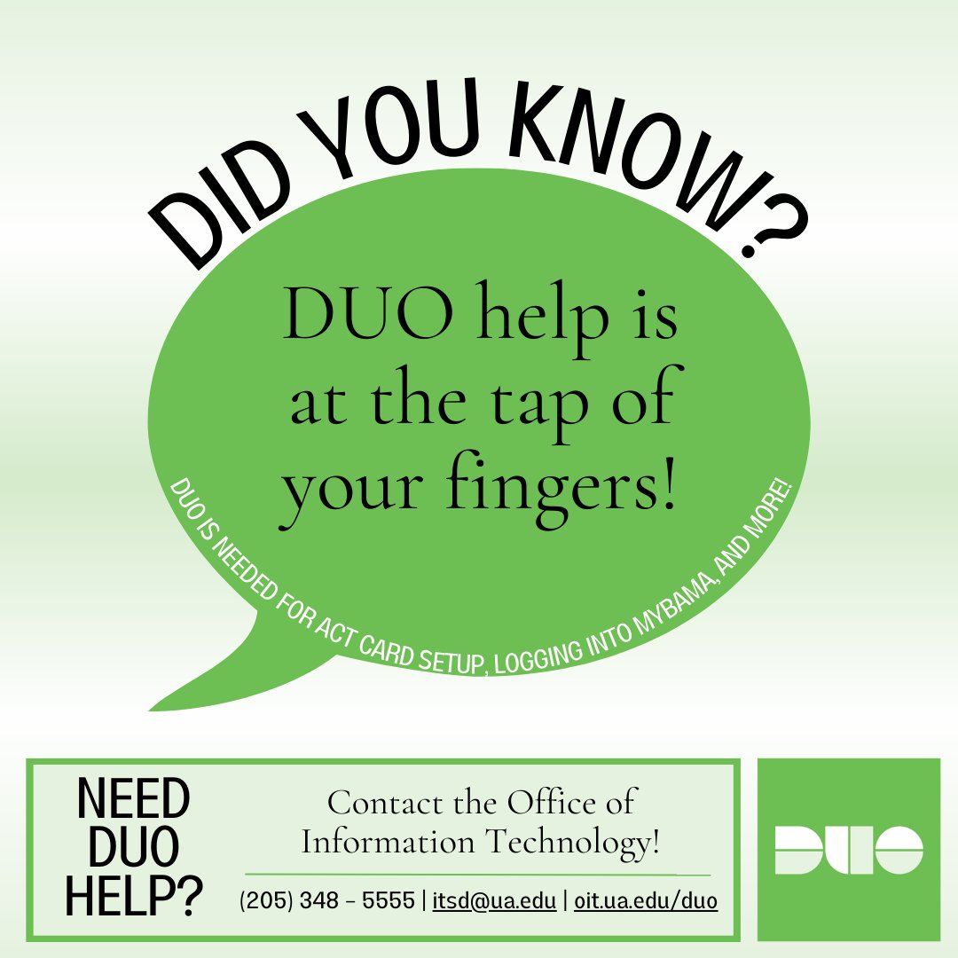 ActionCard's tweet image. Needing help with DUO? Contact @OITatUA for assistance!