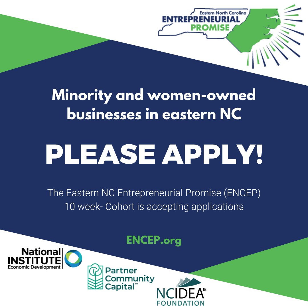 EasternNcep's tweet photo. ENCEP is a virtual regional incubator for diverse companies in underserved counties of eastern NC. Now accepting applications for our next cohort launching September 2023. Learn more and apply at https://t.co/98Ek24qYmO https://t.co/ErWUOGshab