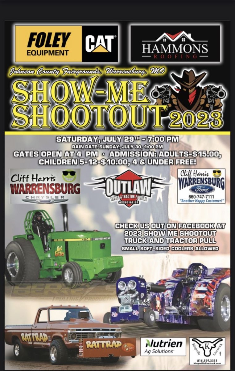 beermoneypull's tweet photo. Warrensburg, Missouri Saturday July 29th Outlaw Truck and Tractor Pull #showmeshootout2023 #beermoneypromotions #letsgrowpulling #promote365 #tractorpull #truckpulling https://t.co/j7BWHzvZ29