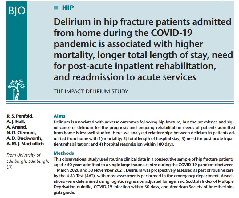 Bone & Joint Open (@bonejointopen) on Twitter photo Delirium affects 1/7 patients with a hip fracture admitted directly from home, and is associated with adverse outcomes in these patients.
#HipFracture #Healthcare #Trauma #BJO <a href="/rosespenfold/">Rose Penfold</a> <a href="/andrewhallortho/">Andrew Hall 🦴🔨 ⚽️ 🏉 🩺</a> <a href="/atula_tweets/">Atul Anand</a> <a href="/DuckworthOrthEd/">Andrew D Duckworth</a> <a href="/A_MacLullich/">Alasdair MacLullich</a>
ow.ly/3c5w50OYaJ9 Delirium affects 1/7 patients with a hip fracture admitted directly from home, and is associated with adverse outcomes in these patients.
#HipFracture #Healthcare #Trauma #BJO <a href="/rosespenfold/">Rose Penfold</a> <a href="/andrewhallortho/">Andrew Hall 🦴🔨 ⚽️ 🏉 🩺</a> <a href="/atula_tweets/">Atul Anand</a> <a href="/DuckworthOrthEd/">Andrew D Duckworth</a> <a href="/A_MacLullich/">Alasdair MacLullich</a>
ow.ly/3c5w50OYaJ9