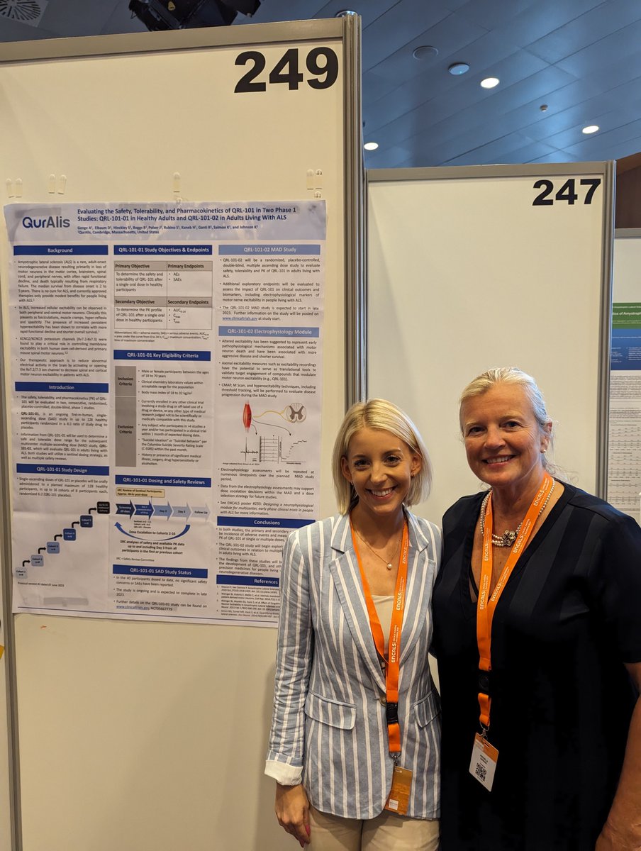 QurAlisCo's tweet photo. QurAlis at #ENCALS23! QurAlis' CMO @genge_angela and clinical team member @SamanthaRubino (l) presented a poster on our clinical trial of QRL-101 in #ALS patients. QRL-101 is a first-in-class Kv7 #precisionmedicine for #ALS. #neurodegenerativediseases https://t.co/8zZzvuzqg1