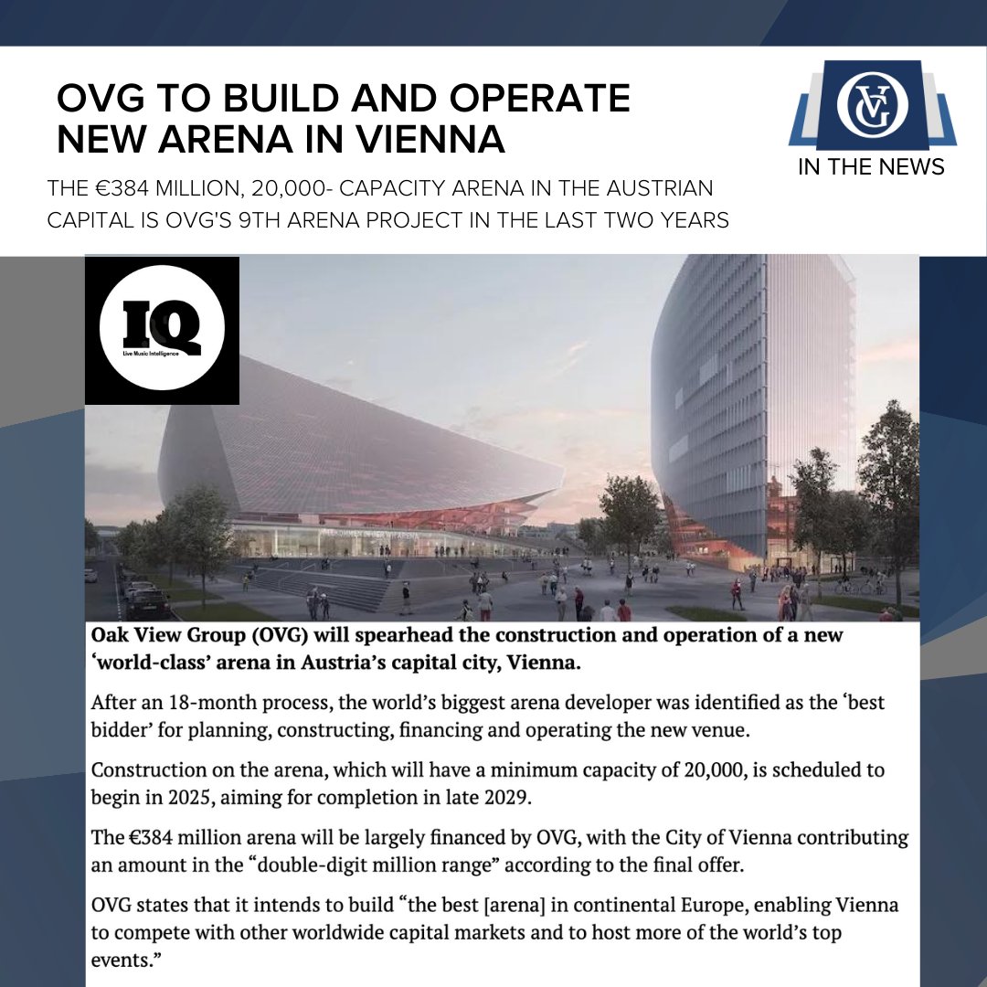 oakviewgroup's tweet photo. OVG has won the bid to build and operate a new state-of-the-art arena in Vienna, Austria. Selected by the City of Vienna, this venue will be the largest in the country and will hope to attract world class music and sports to this staple market in Europe. https://t.co/4w57ZWSumF
