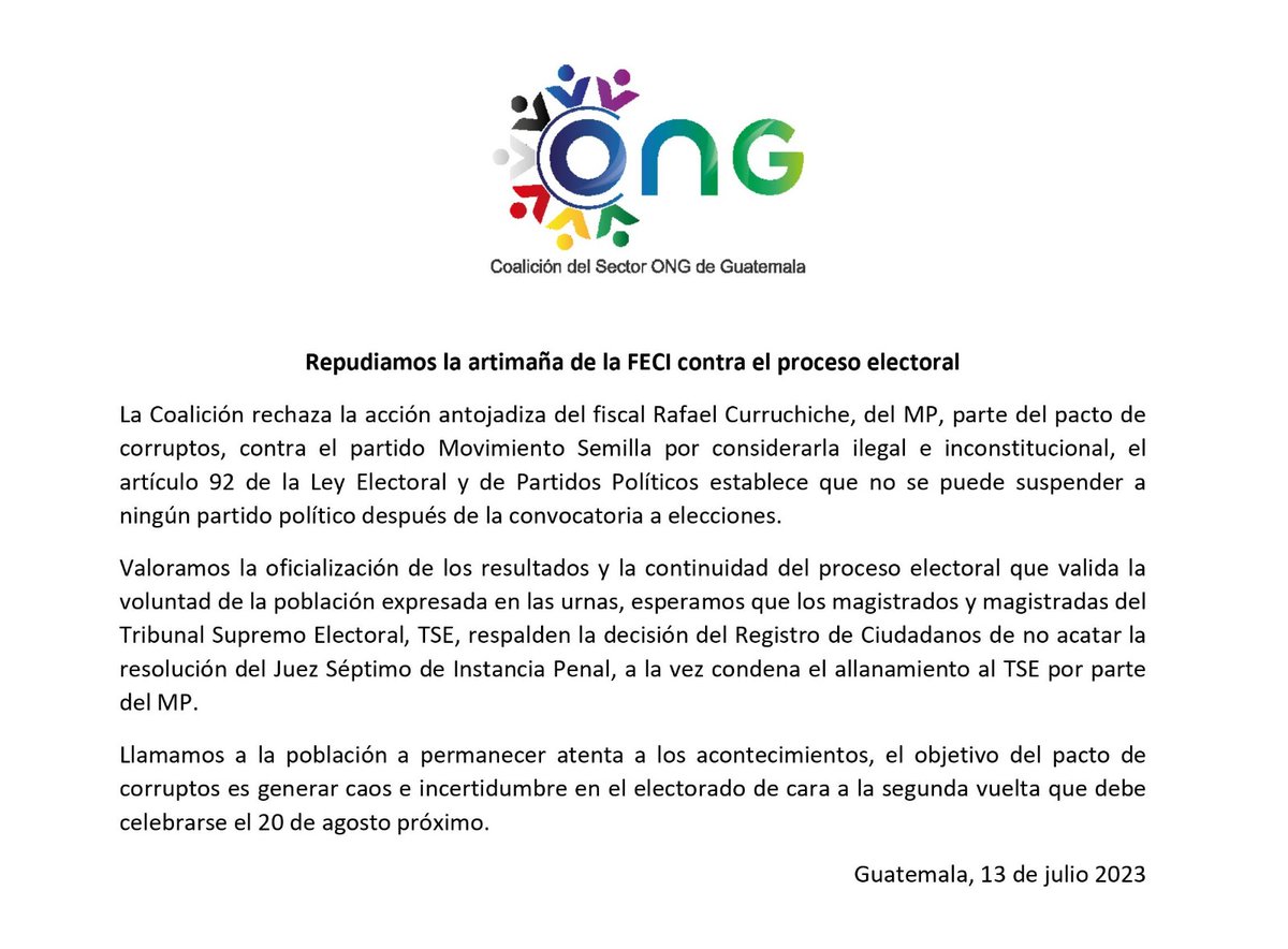 La Coalición del Sector ONG rechaza artimaña de la FECI contra el proceso electoral