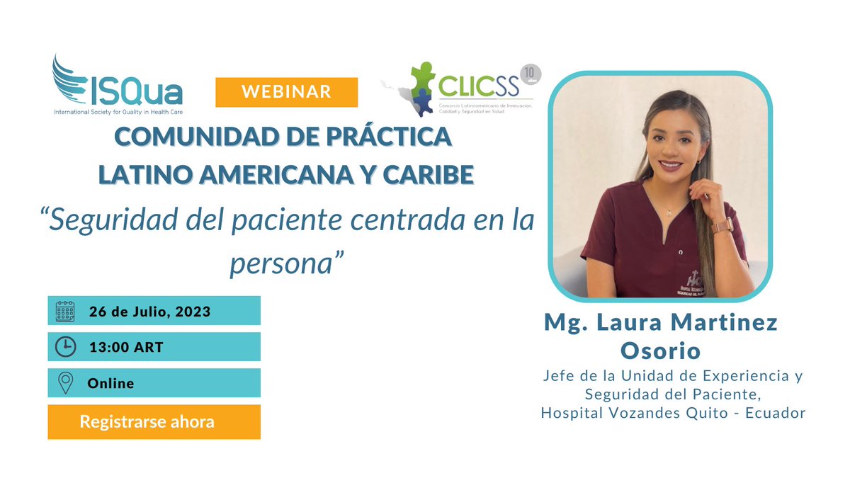 ForoCS's tweet photo. No te pierdas el evento #COPLAC del 26 de Julio! En este webinar Laura Martinez Osorio nos hablará de Seguridad del paciente centrada en la persona! Link de registro: https://t.co/rYR0C2sdHo #PtSafety #SegPac #QI #QualityImprovement #PatientCenteredCare https://t.co/GlfMb8HnPF