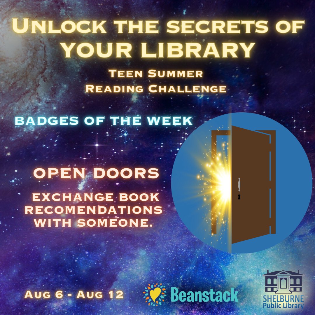 ShelburnePL's tweet photo. Teens, it’s time to open doors and make   connections by exchanging book recommendations with someone! 🚪#TSRC2023 https://t.co/SadupIYQ5s