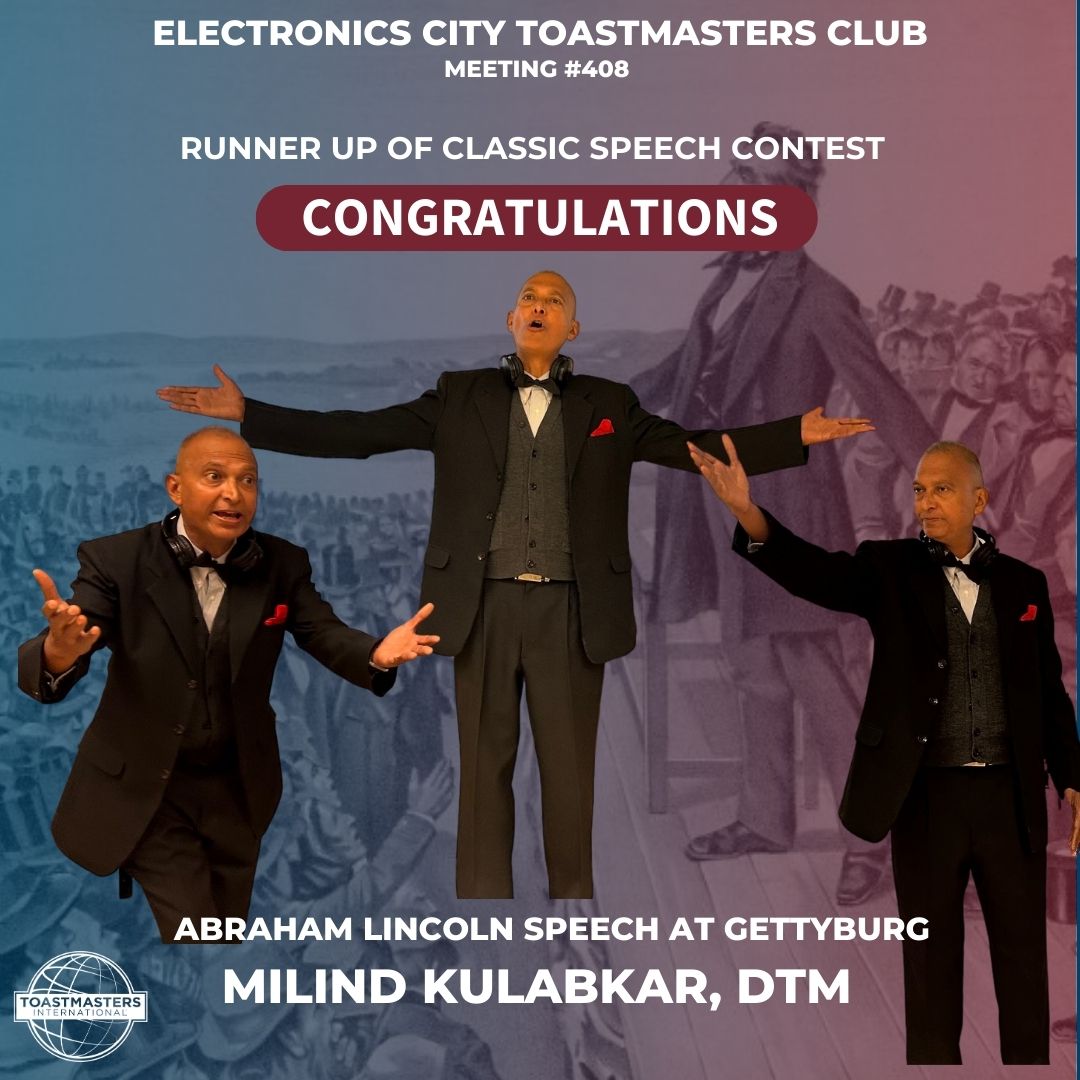 MKulabkar's tweet photo. Was Runners up at the Classic Speech Contest on July 8th, 2023 organised by Electronic City Toastmasters Club Bengaluru. I delivered Abraham Lincoln 's Gettysburg speech delivered on 19 November 1863. #SpeechContest #RunnerUp #Inspiration “ https://t.co/VJ8BPtshkc