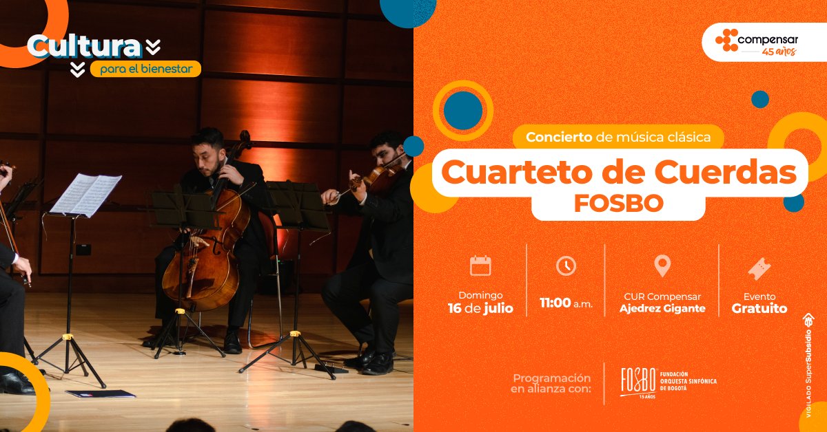 #CulturaParaElBienestar ¡Este domingo vive un día lleno de música y ritmo! ¡ENTRADA LIBRE! 🧡 Conoce nuestra programación de Cultura y encuentra eventos dirigidos a toda la #familia en bit.ly/TwAgendaCultur…
En alianza con <a href="/Fosbosinfonica/">FOSBO - Orquesta Sinfónica Bogotá</a> 
#BienestarIntegral #conciertos2023