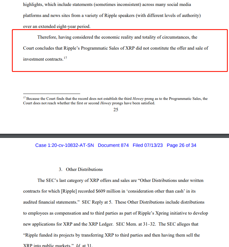 The Southern District of New York concluded that Ripple’s Programmatic Sales and Other Distributions of XRP did not constitute the offer and sale of investment contracts. 

But Ripple’s Institutional Sales of XRP constituted the unregistered offer and sale of investment contracts