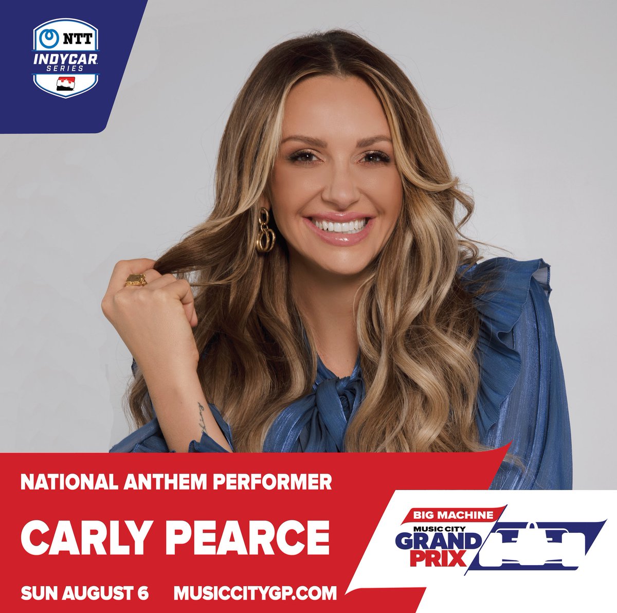 Carly Pearce is slated to sing the National Anthem for the The Big Machine Music City Grand Prix NTT INDYCAR Series race on Sunday, August 6th with a start time at 11:30am CST on NBC. 

Pearce will perform her stunning rendition of the National Anthem LIVE at 11:11am CST prior to
