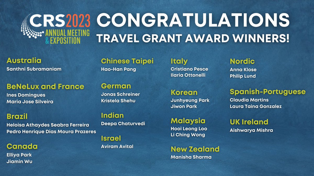 Congrats, Travel Grant Award Winners!
CRS would like to recognize all of the award winners from our local chapters. We look forward to seeing you at #CRS2023!

If you are not a CRS member, join today!
👉ow.ly/n3LR50OqgRh 

#controlledreleasesociety #crs #deliveryscience
