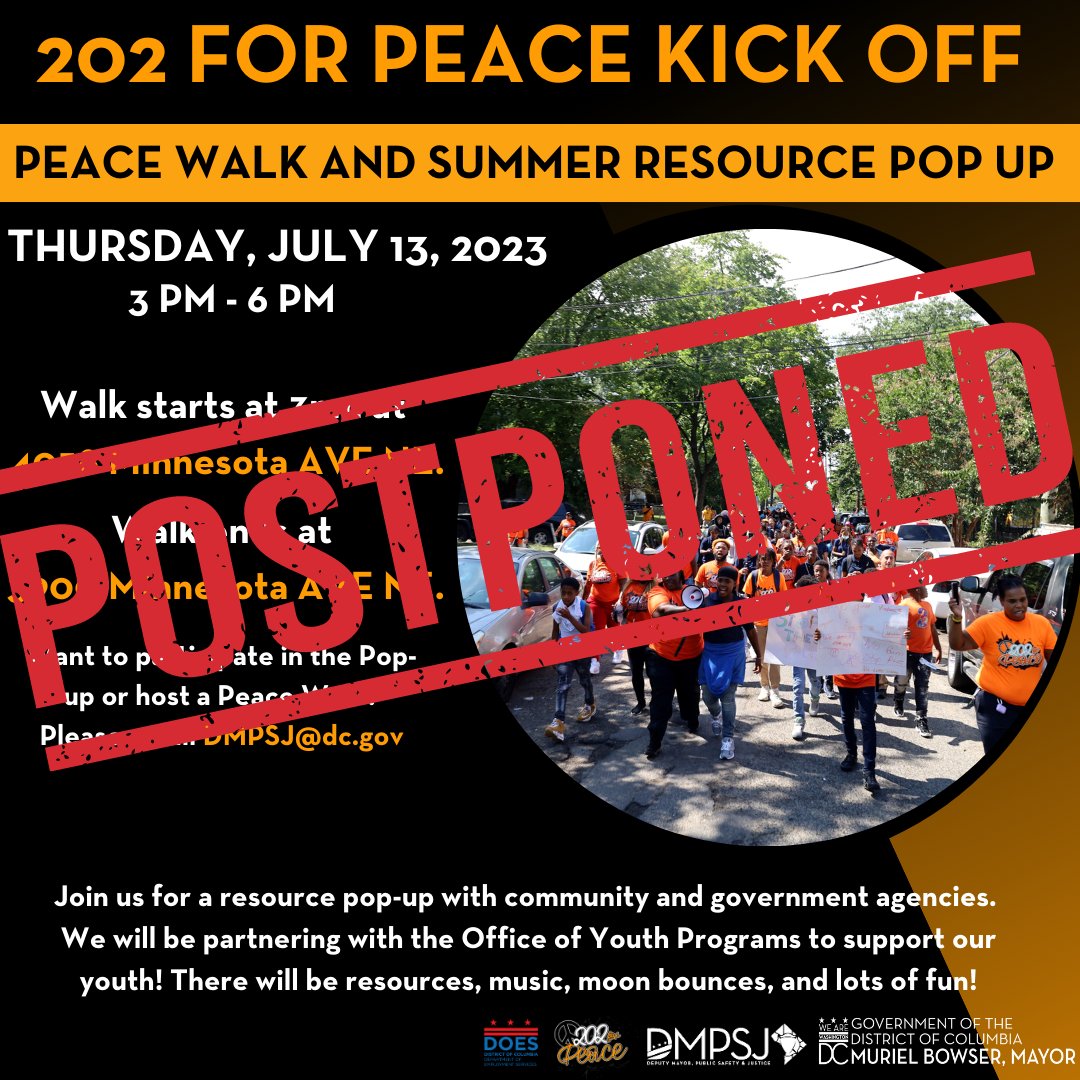 Due to today's heat emergency, we regret to announce the cancellation of this week's Peace Walk and Resource Pop-Up. 

Safety is our top priority, and we must prioritize your well-being during this extreme weather. Stay tuned for future updates. Stay safe and take care!