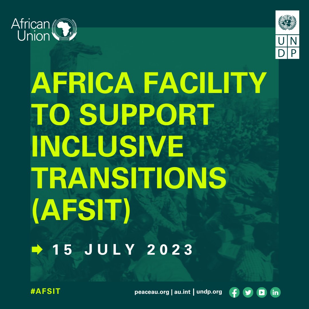 The Africa Facility for #InclusiveTransitions (#AFSIT), a collaborative initiative with the @_AfricanUnion, launches on 15 July!

It's a pivotal step towards restoring democracy, stability and constitutional rule in Africa.

Stay tuned for updates via @UNDPAfrica.