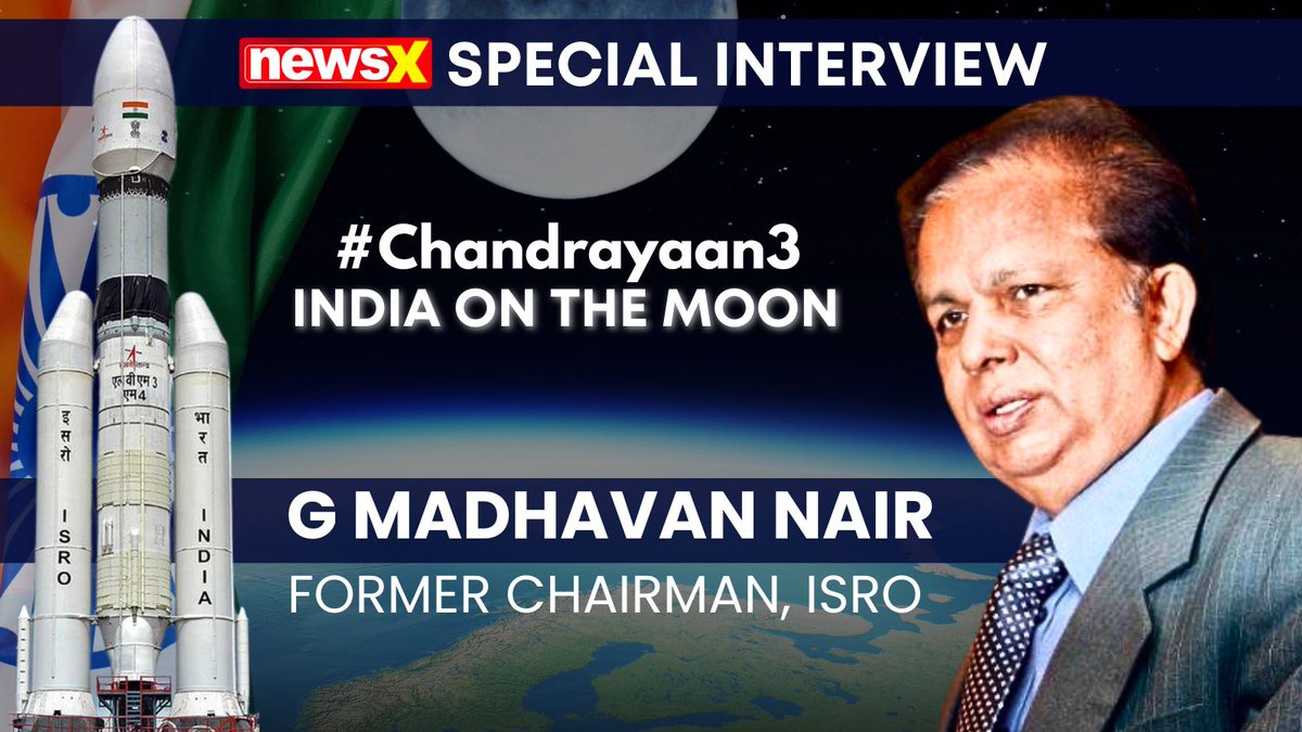 NewsX's tweet photo. India is all set to witness the highly anticipated launch of ISRO's Chandrayaan 3 mission to the Moon. In an exclusive interview with NewsX, Former ISRO Chairman G Madhavan Nair (@GMNair43) elaborates on the areas of space innovation and how space exploration can be taken in a sustainable manner. Tune into NewsX to watch the full interview. 

@isro 

Watch the special interview at: https://t.co/0nQd6KiQiJ