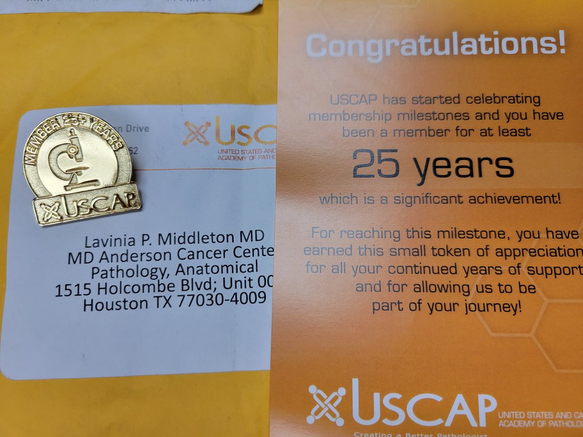 LP_Middleton's tweet image. Nice surprise in the mail today from #USCAP celebrating 25 years. I will always remember the first platform &amp;amp; poster as a trainee with Dr. Maria Merino @NIHClinicalCntr &amp;amp; first breast Pathology course with @Aysegul33508077 @MDACC Time flies when you are having fun 🔬#PathTwitter