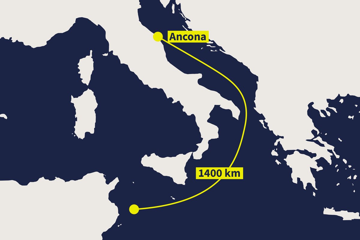 Nach vier Rettungen und mit 199 Überlebenden an Bord ist die #Humanity1 auf dem Weg nach #Ancona, #Italien, dem uns von den italienischen Behörden zugewiesenen Hafen – ganze 1.400 km und drei Tage Fahrt vom Ort der Rettung entfernt. 1/3