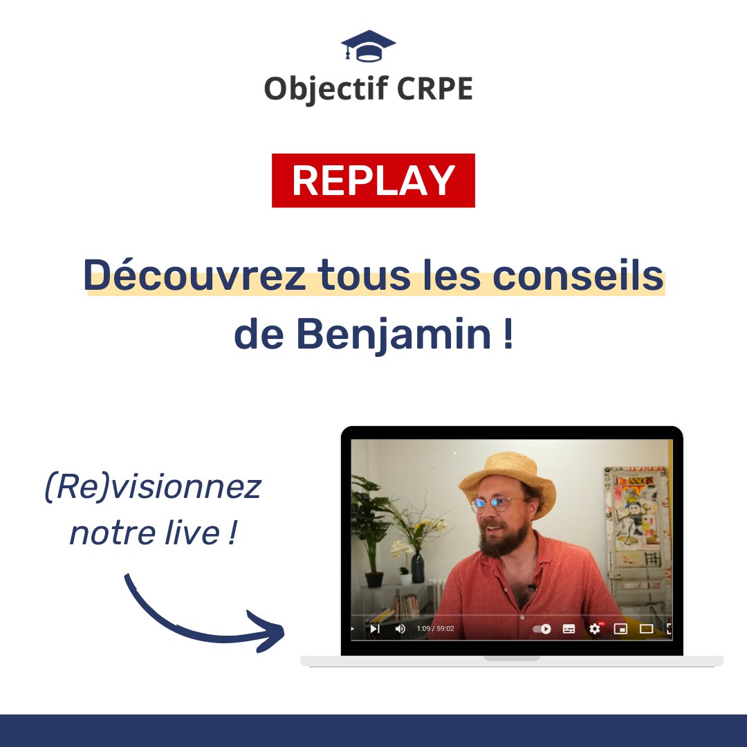 ObjectifCrpe's tweet photo. Benjamin Charignon, cofondateur d’Objectif CRPE, vous a partagé sa « checklist » de l'été lors de son live « CRPE 2024 : 9 mois pour réussir » ! Pour avoir plus de détails, (re)visionnez dès maintenant le replay du live 👉 https://t.co/l8g8Neb7tU
#crpe #crpe2024 #objectifcrpe https://t.co/qYbTTeFlaY