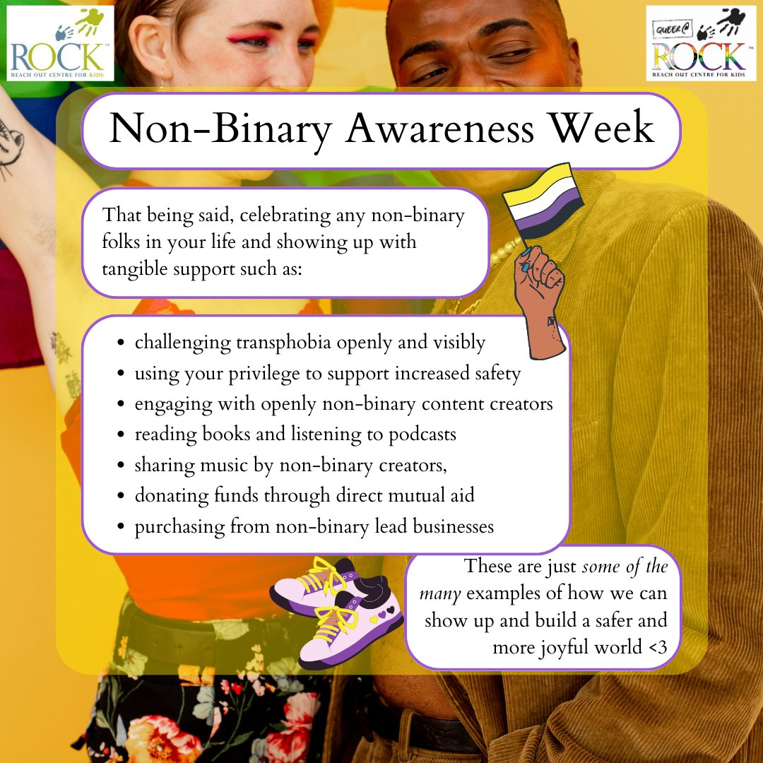 Hey friends!! We're sharing today in recognition &amp; celebration of Non-binary Awareness Week, which runs from July 10-16th. If you have any questions or want to check out some of our programs, please DM us or email at queeratrock@rockonline.ca