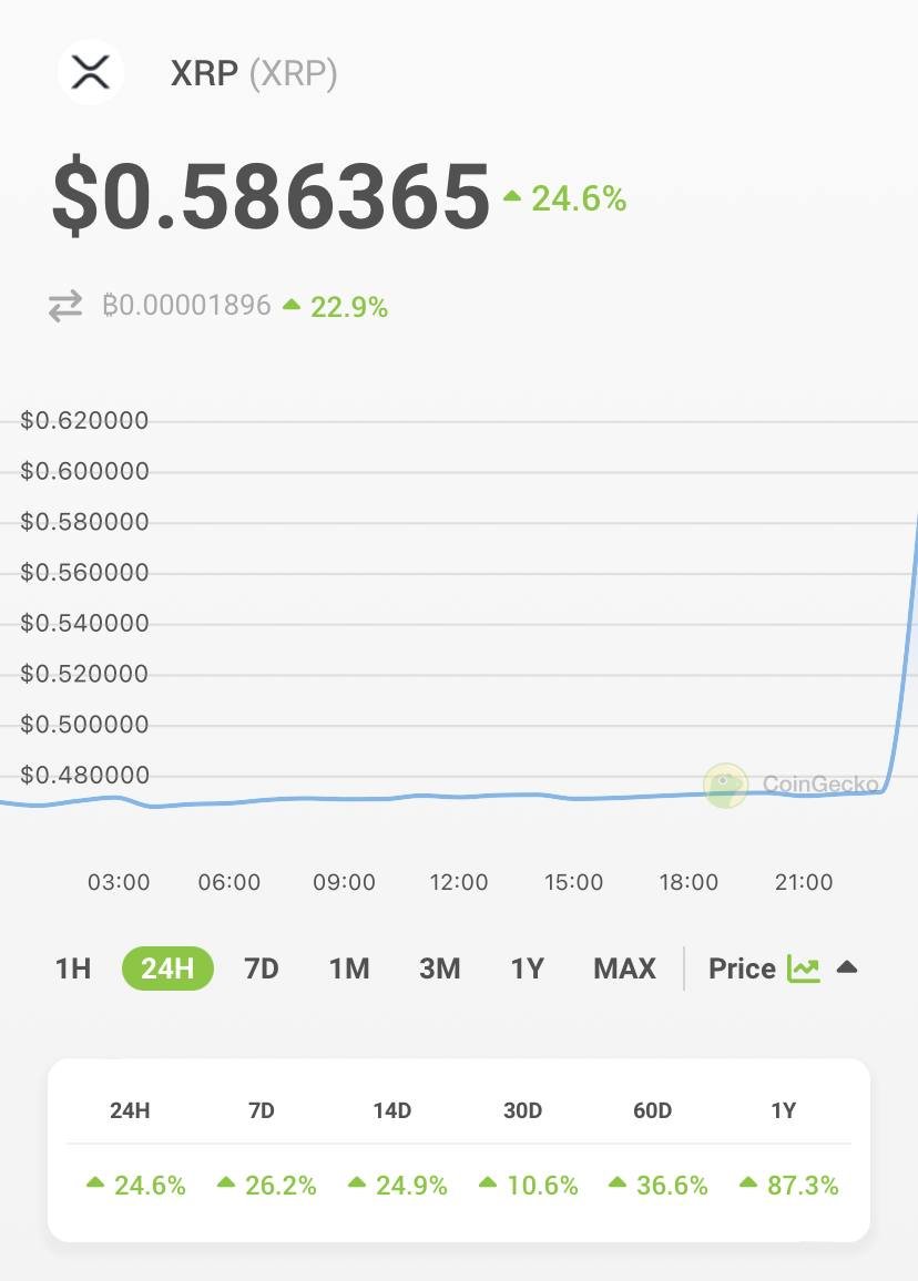coingecko's tweet photo. BREAKING: Ripple wins case against SEC as judge rules $XRP is not a security.

$XRP is up 24.6% following the news.

🔺: https://t.co/vt9a1SrYZp https://t.co/yzKxStCtdh
