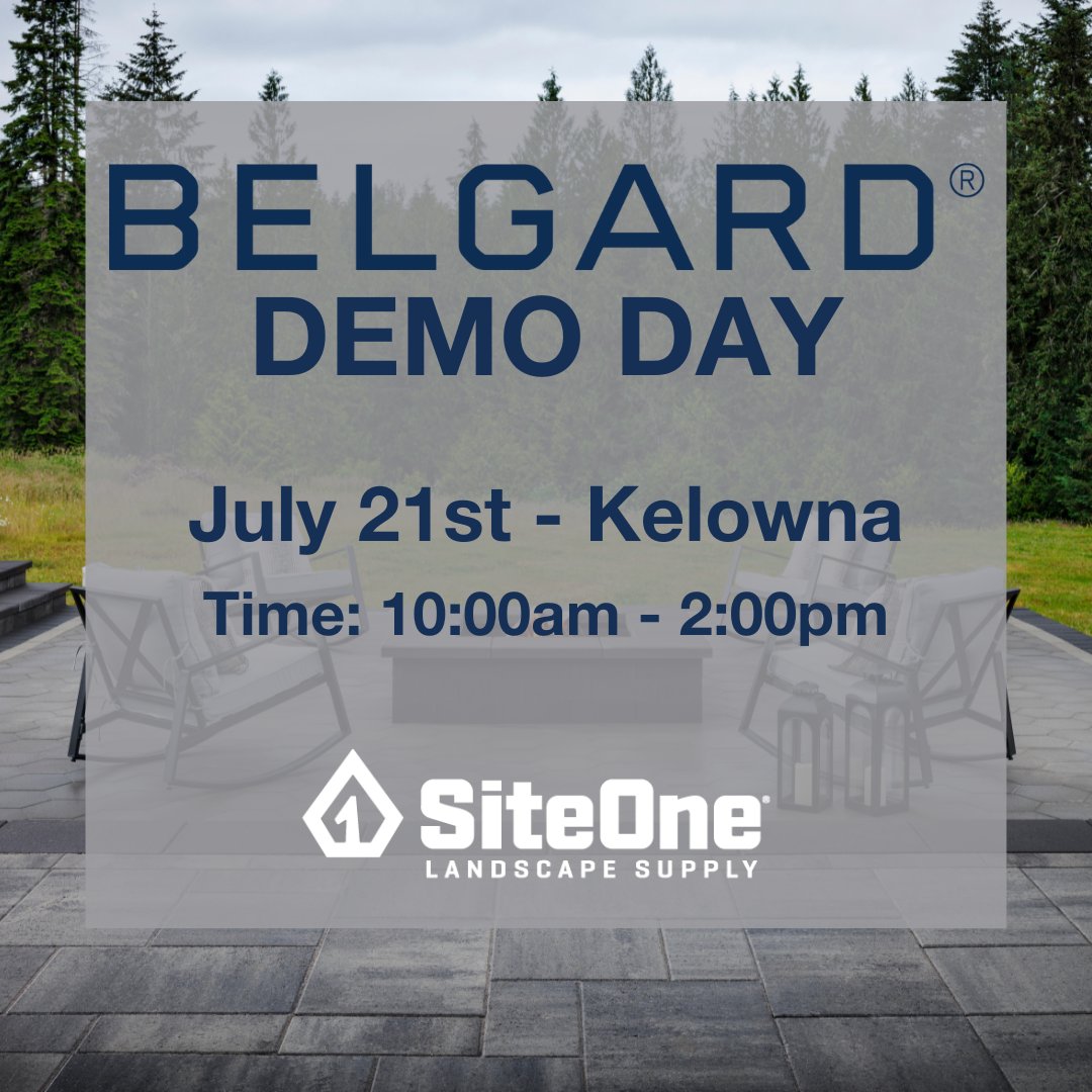 #YLW

Join us on July 21st for Belgard Demo Day at <a href="/SiteOneCanada/">SiteOne Landscape Supply Canada</a> Kelowna!

What to expect:
- 2023 New product demonstration
- Q&amp;A with a Belgard account manager
- Lunch

Time: 11:00 am - 2:00 pm

See you there!

#belgardcanada #SiteOne #BelgardDemoDay #YLWEvent #YLWLandscape