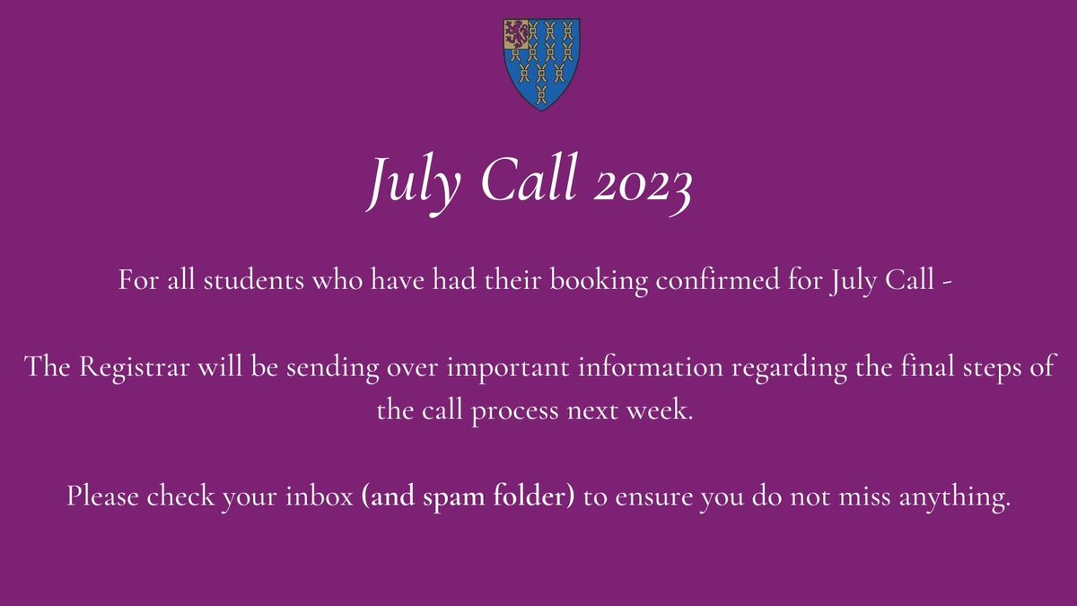 lincolnsinn's tweet photo. ๐จStudents who have had their booking confirmed for #JulyCall2023:
๐The Registrar will be sending over important information regarding the final steps of the call process next week.
๐ง Please check your inbox (and spam folder) to ensure you do not miss anything.
#callday https://t.co/vS1HWgrhKu