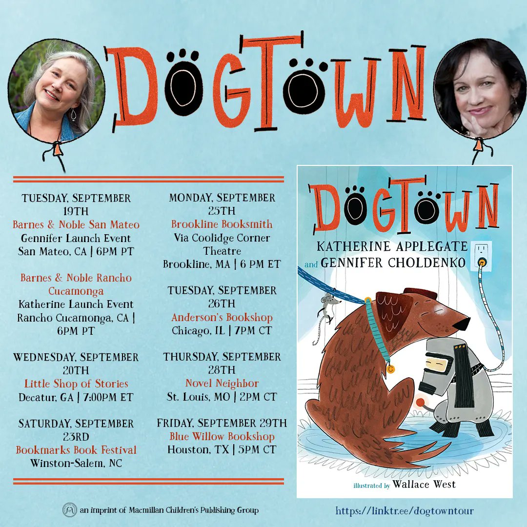 We're taking DOGTOWN on the road this fall! 🐶🤖 Come meet @choldenko and me and hear all about our new book, what it's like to write together, and lots more. We're really looking forward to connecting with young readers! Tour info here: linktr.ee/dogtowntour @MacKidsBooks
