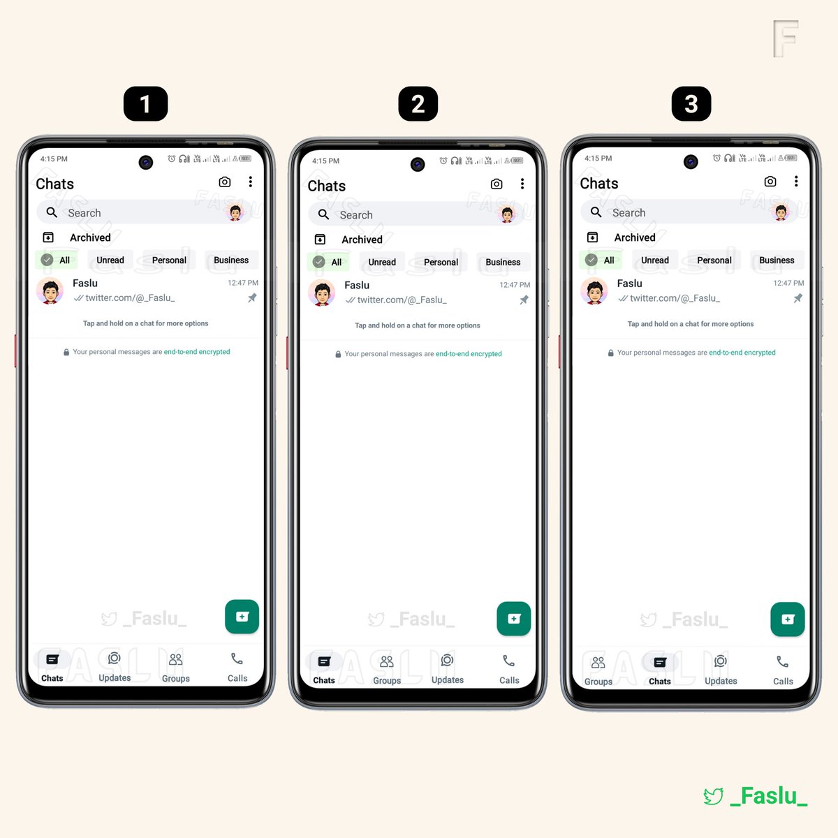 Faslu_35's tweet photo. Which tab order do you prefer out of the three?👇
Redesigned action bar with Filter chat list.
#WhatsApp #Concept17 #_Faslu_ https://t.co/OQzAQOAPjK