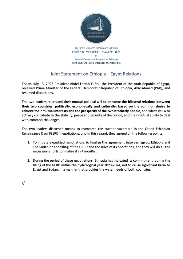 PMEthiopia's tweet photo. Joint Statement on Ethiopia – Egypt Relations

#PMOEthiopia https://t.co/7N2hAap8GD