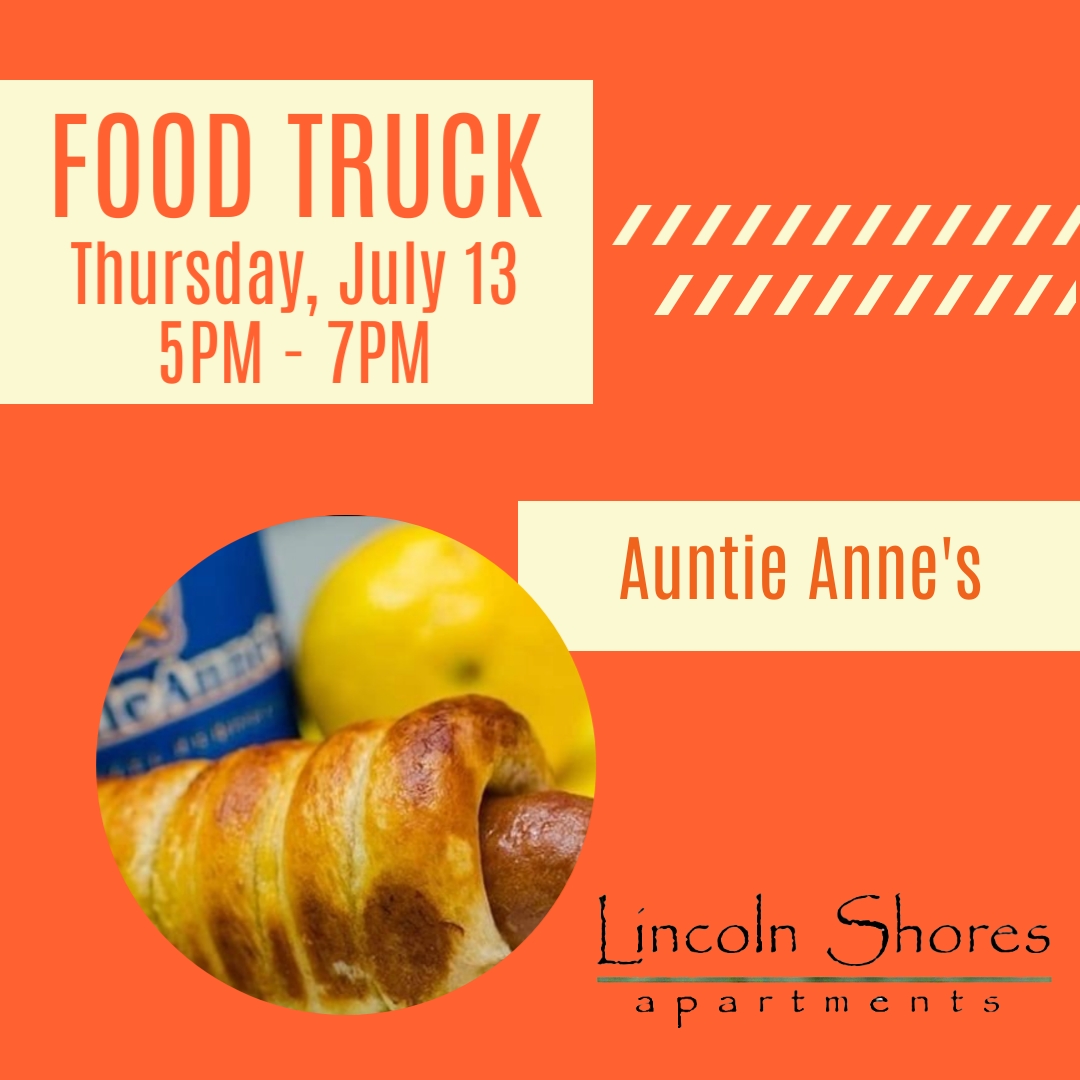 Auntie Anne’s Pretzel Truck! 🥨🥨🥨
Tonight from 5pm to 7pm in front of the Fitness Center at Lincoln Shores.